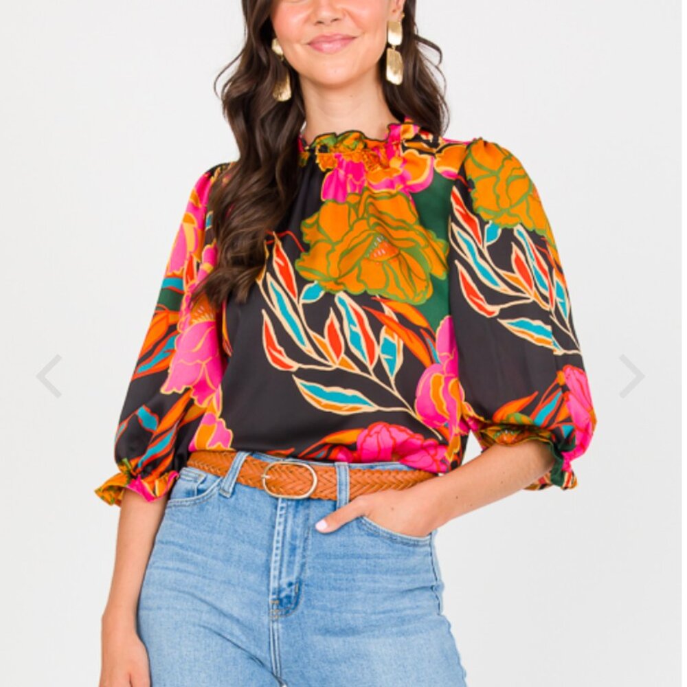 Entro Floral Blouse - Black, Pink, Orange